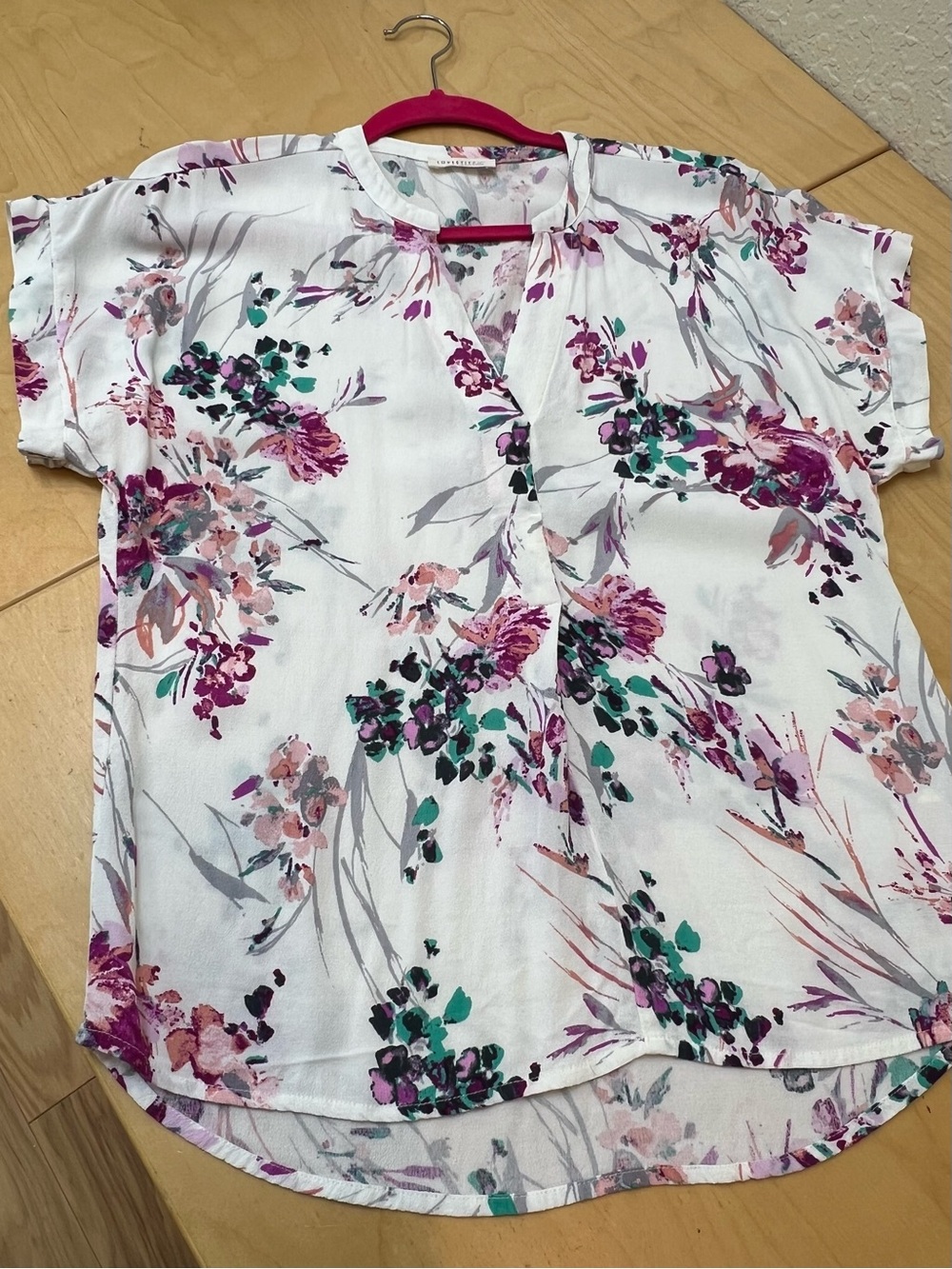 lovestitch White Floral Short-Sleeve Blouse with Pink and Teal Accents